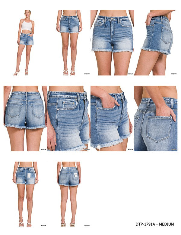 Mid Rise Raw Frayed Hem Denim Shorts