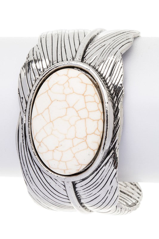 Oval Stone Leaf Engraved Open Cuff