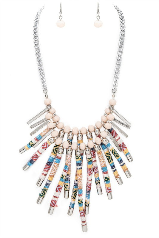 Mix Media Aztec Print Fringe Canvas Necklace