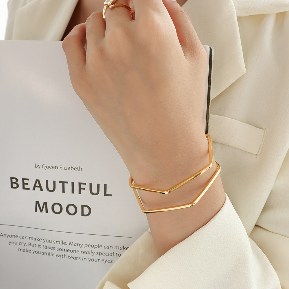 18K gold trendy simple polygonal line hollow double-layer design light luxury style bracelet