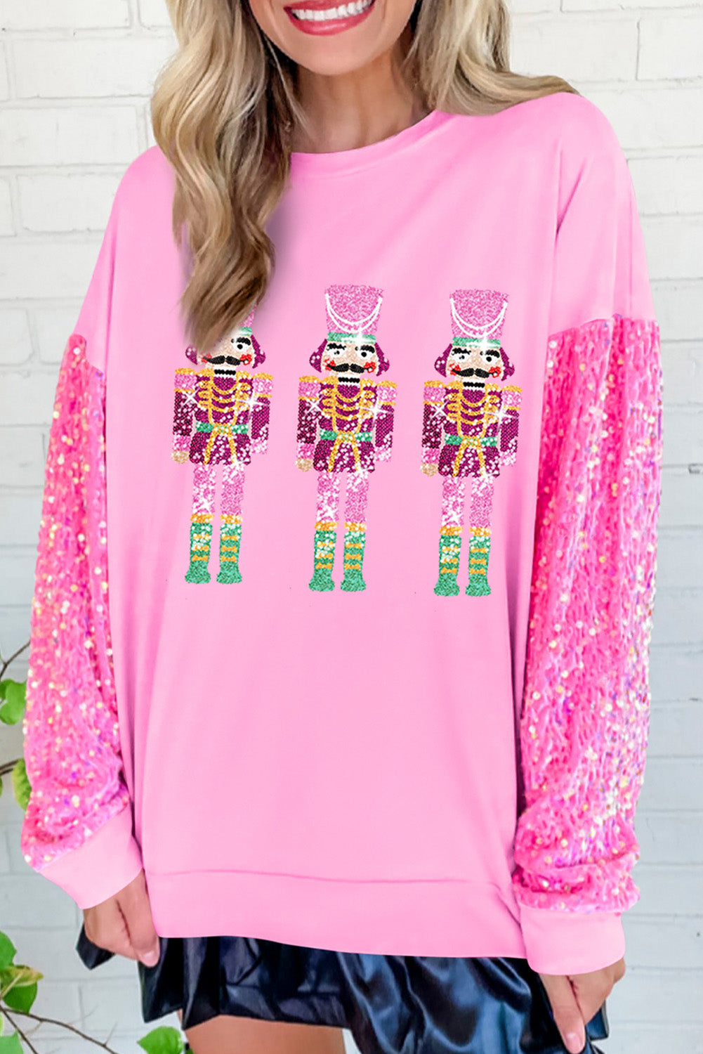 Pink Nutcracker Sequin Sleeve Graphic Sweatshirt