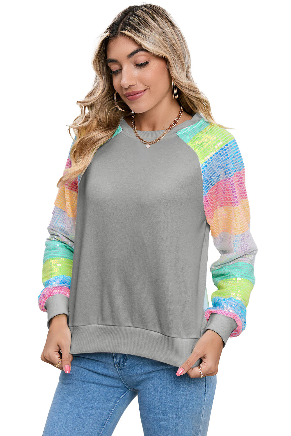 Gray Sequin Color Block Long Sleeve Pullover Sweatshirt