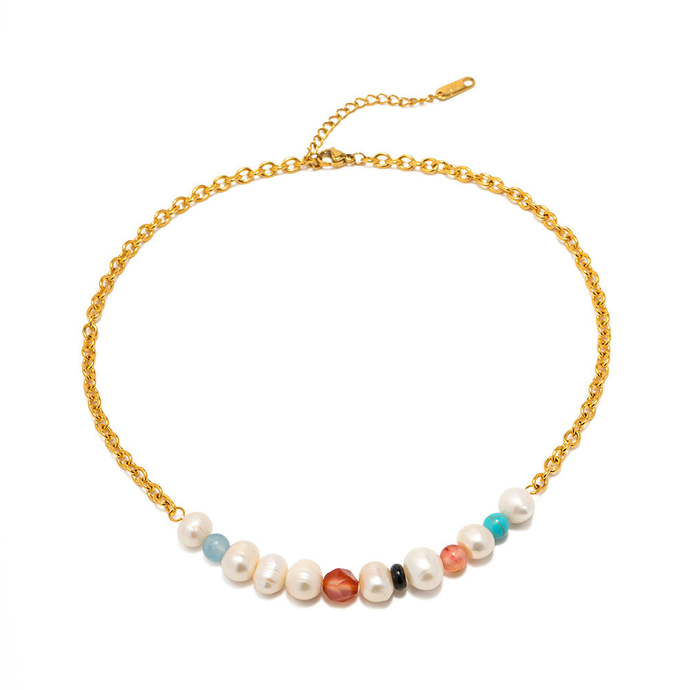 Retro fashion colorful natural stone with pearl beading design versatile necklace