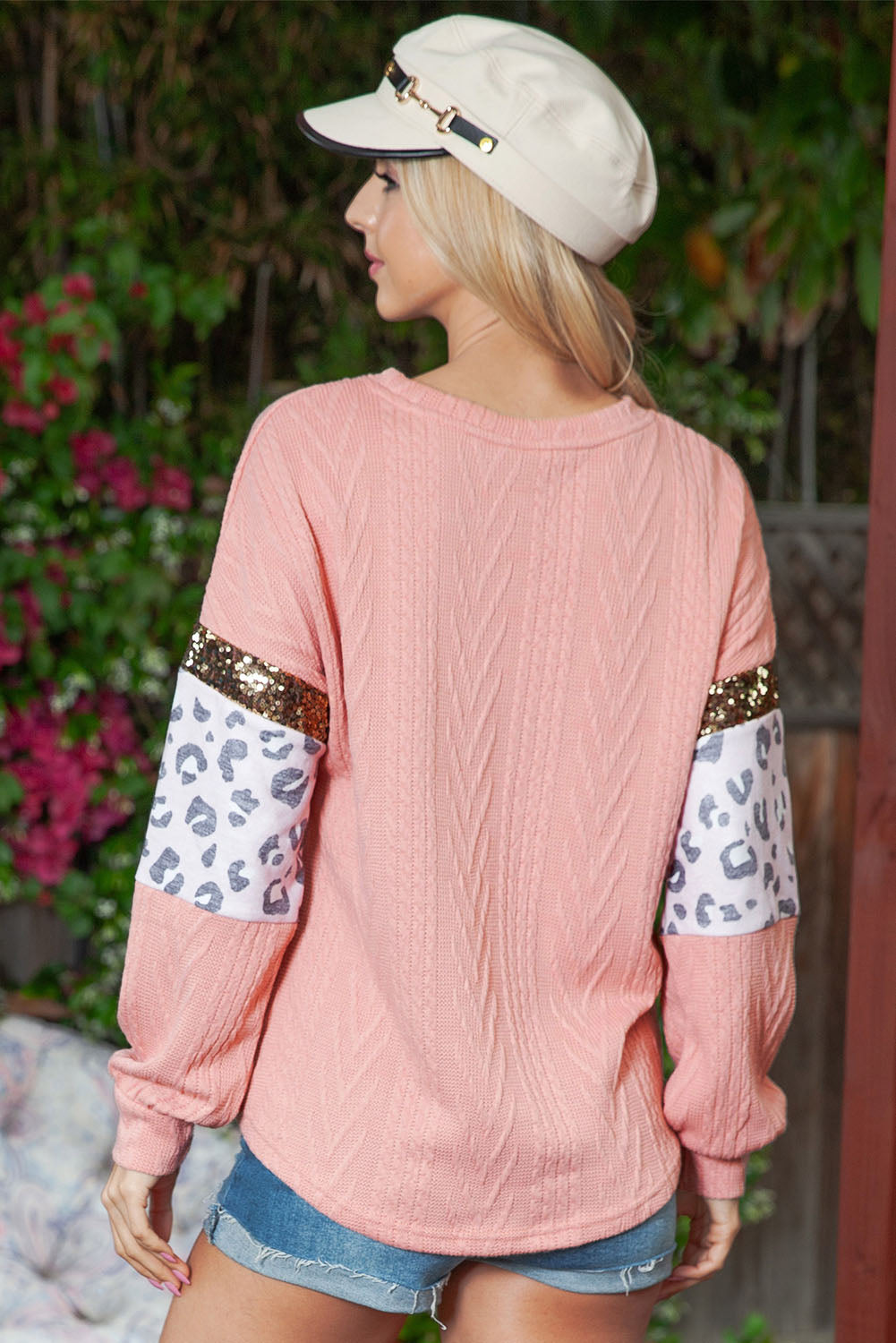 Pink Leopard Sequin Splicing Sleeves Textured Knit Top