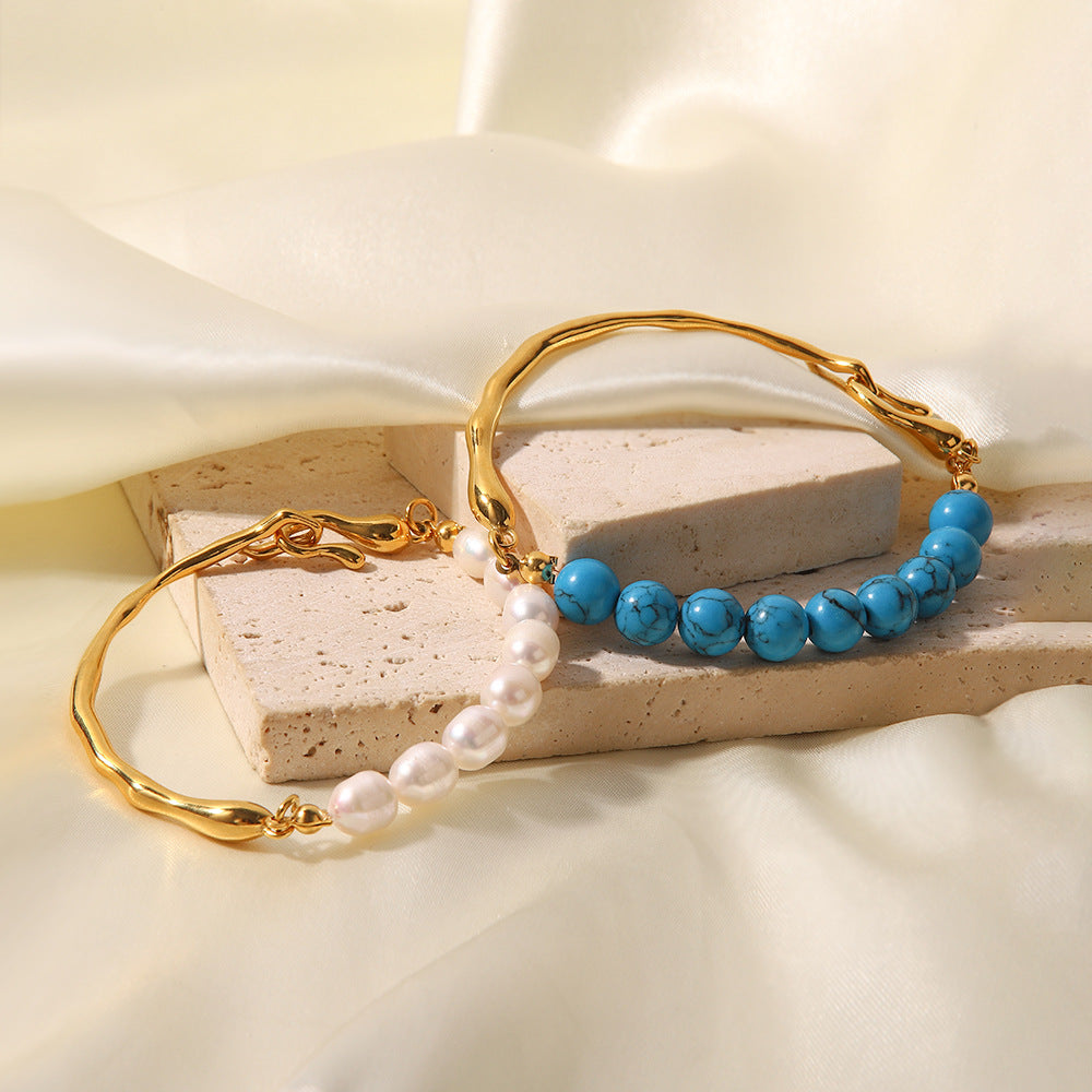 Natural Pearl/Blue Turquoise Light Luxury Vintage 18K Gold Inlaid Bracelet