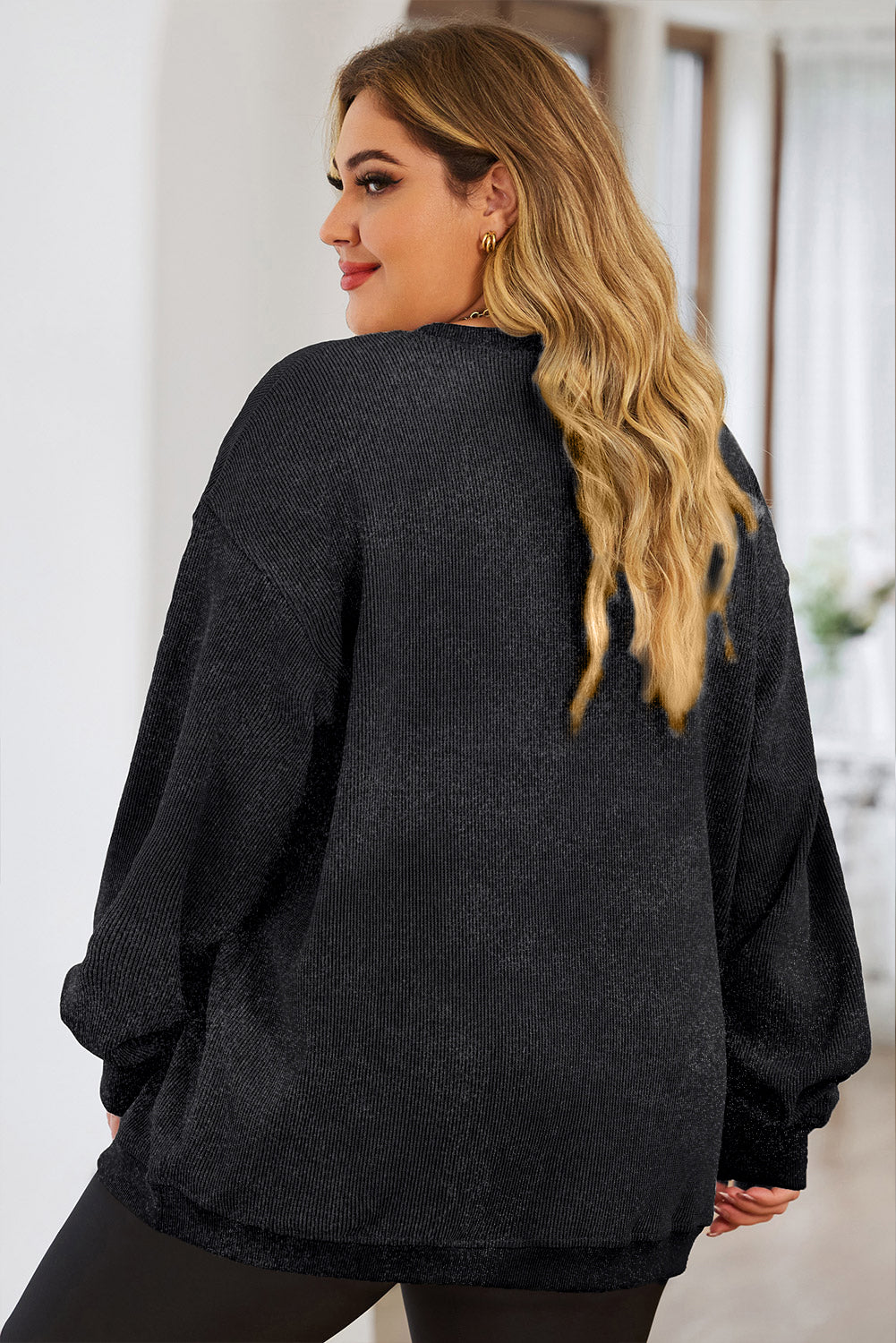 Black Plus Size Corded Sequin Rugby Graphic Drop Shoulder Sweatshirt