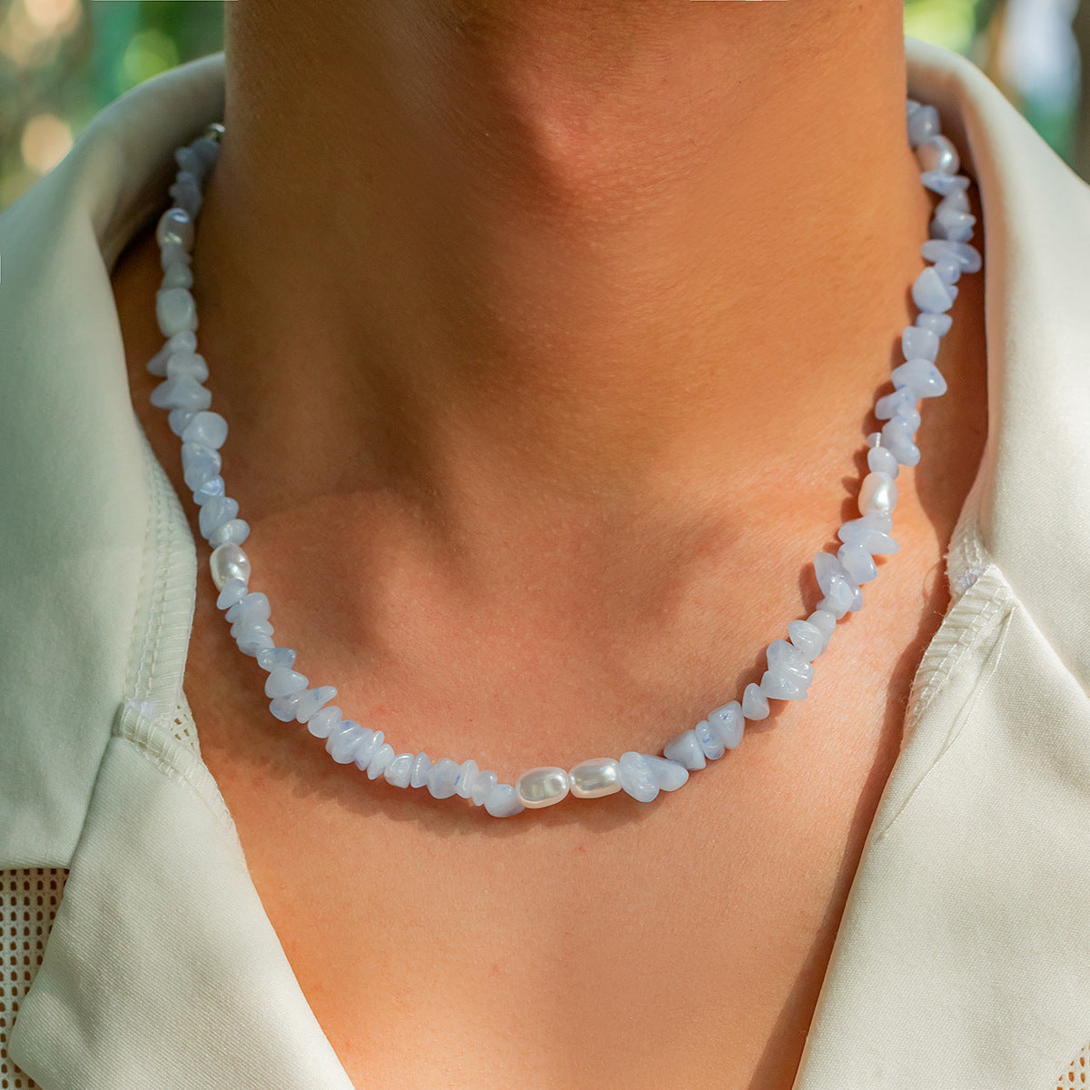 Trendy personality turquoise with pearl design simple wind necklace