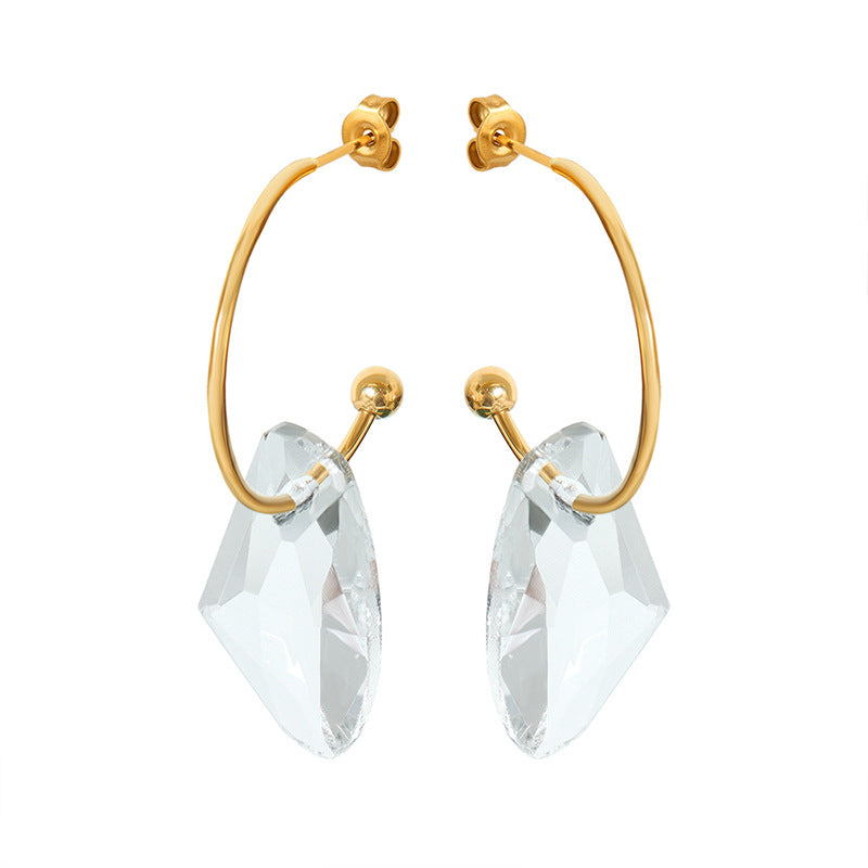 18k Gold Exquisite Simple C-shaped Earrings with Gem Design Versatile