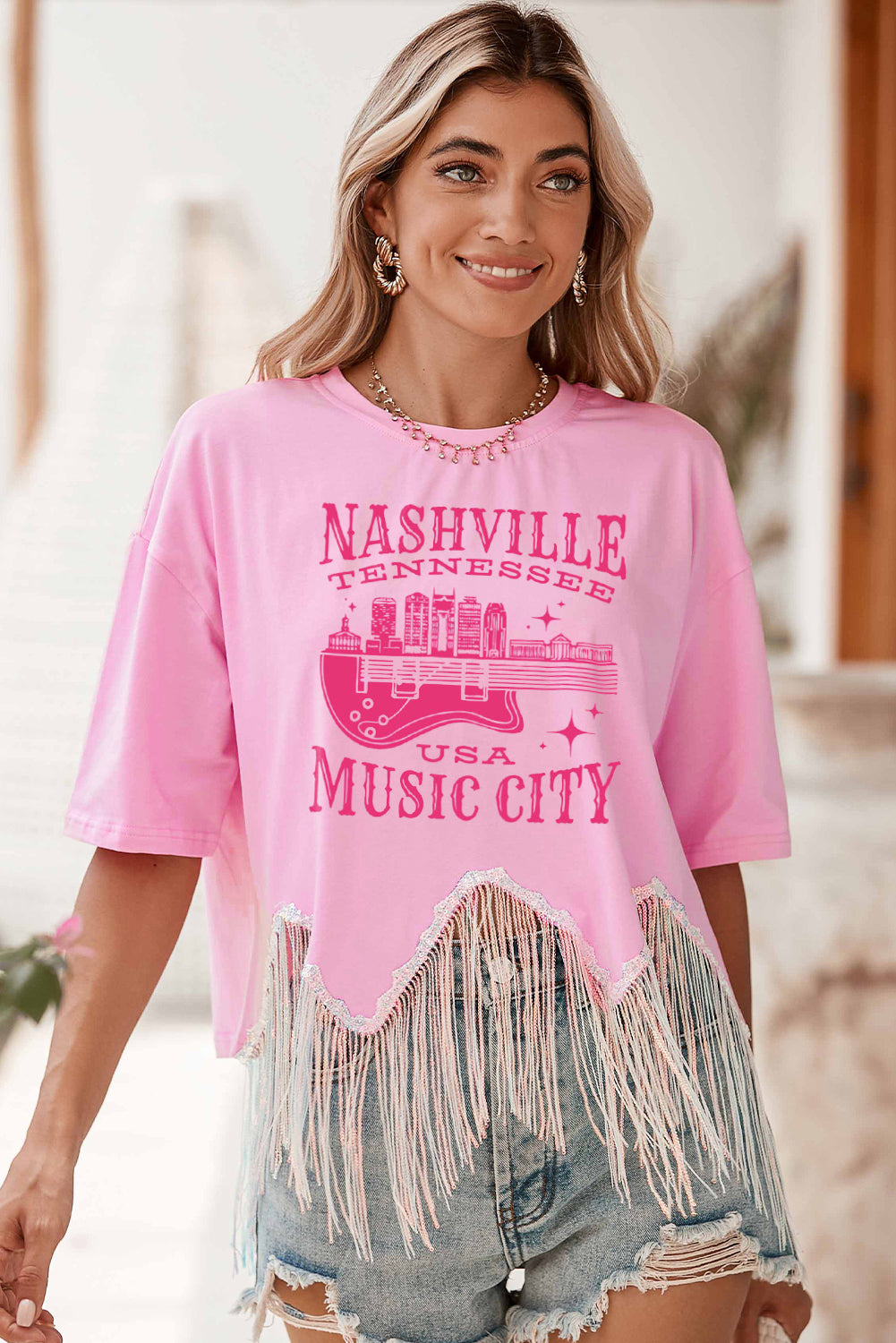 Pink NASHVILLE MUSIC CITY Graphic Sequin Fringed Hem Tee