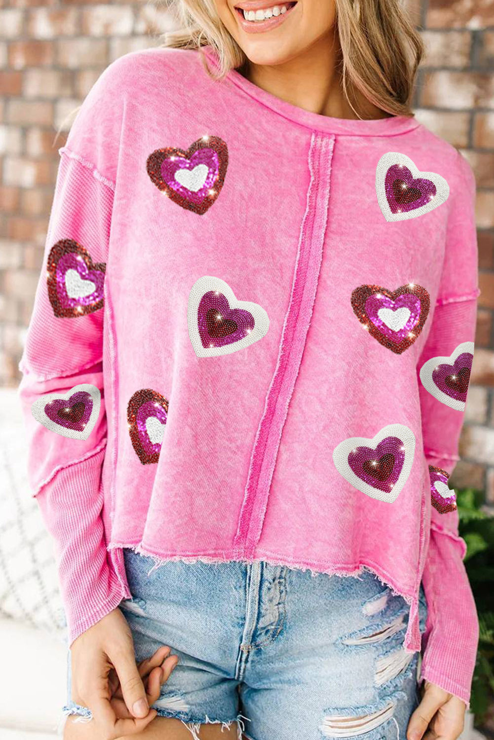 Rose Sequin Heart Printed Exposed Seam Graphic Sweatshirt