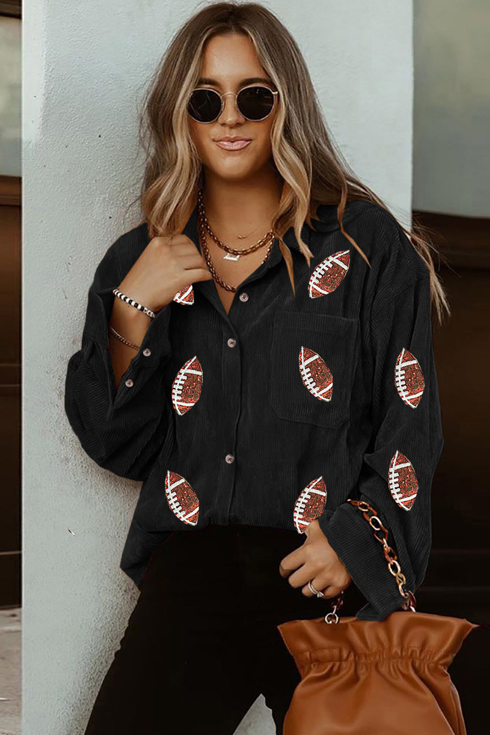 Black Corduroy Sequin Baseball Graphic Jacket