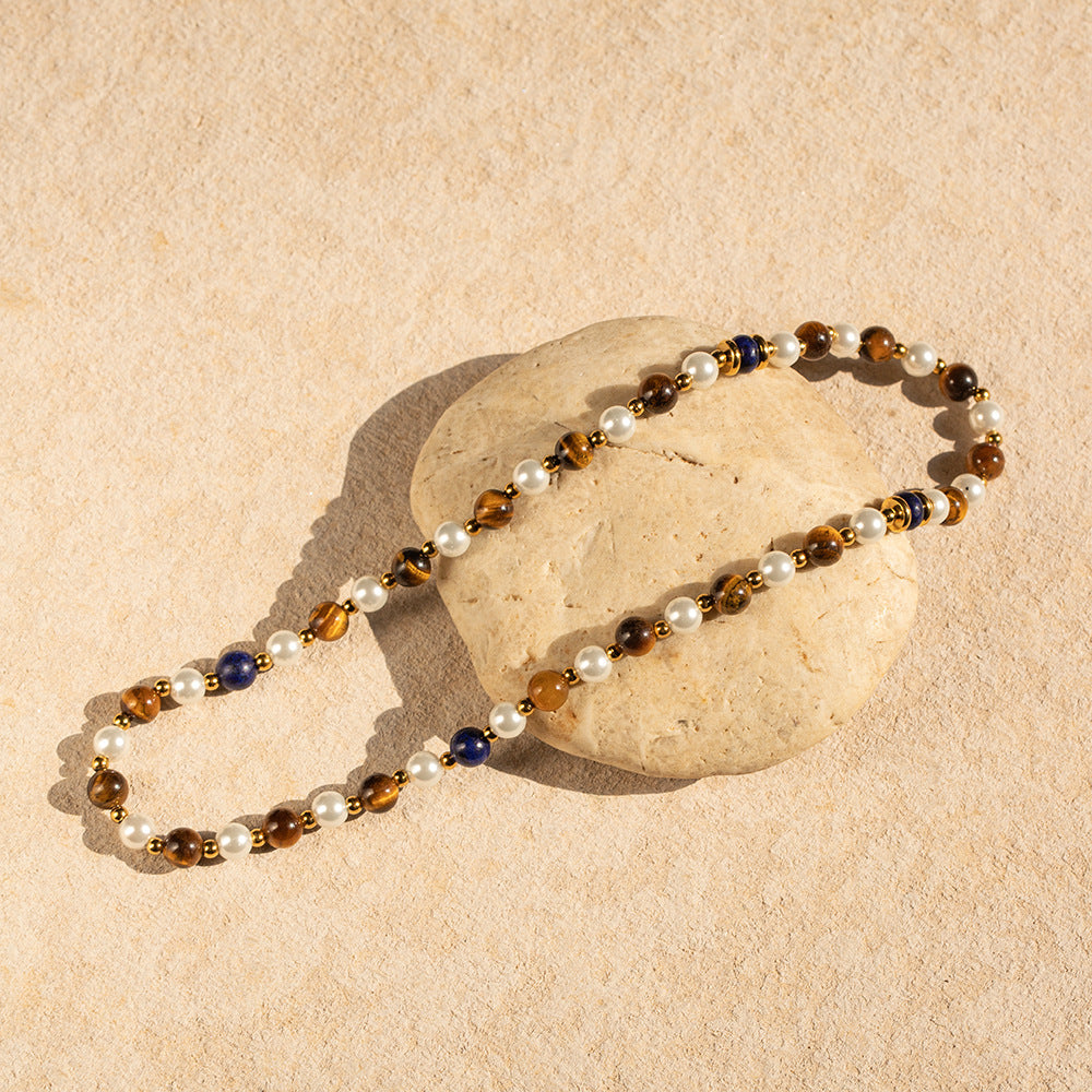 18k Gold Noble Atmosphere Inlaid Pearl Lapis Lazuli Tiger Eye Bead String Design Light Luxury Style Necklace