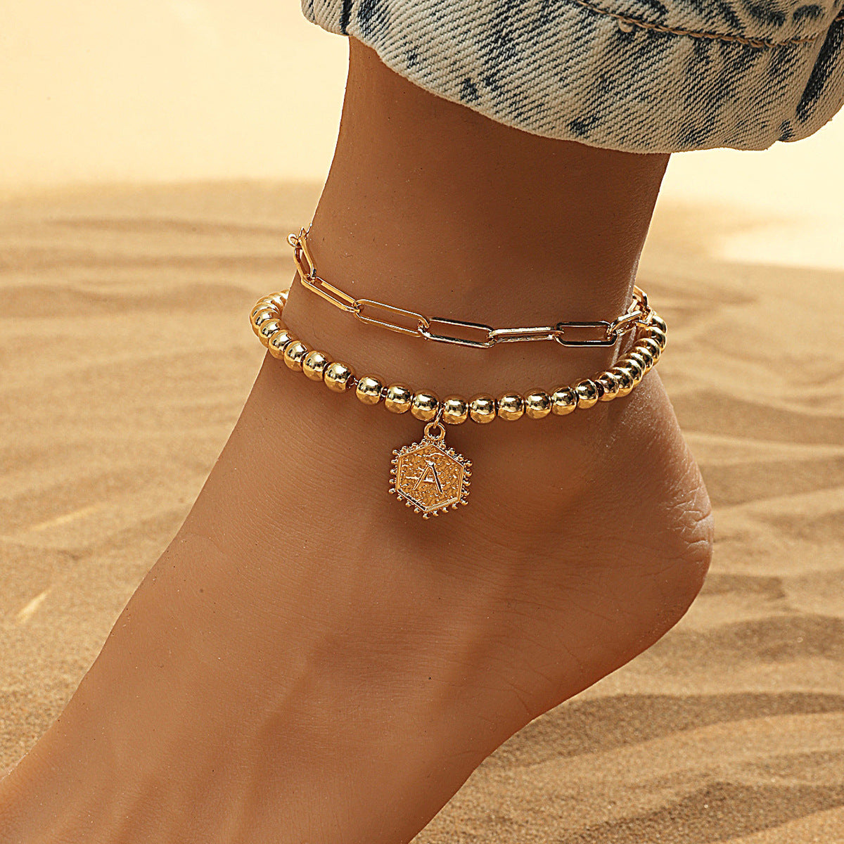 Fashion Creative Geometric Multilayer Paperclip Letter Design Versatile Anklet