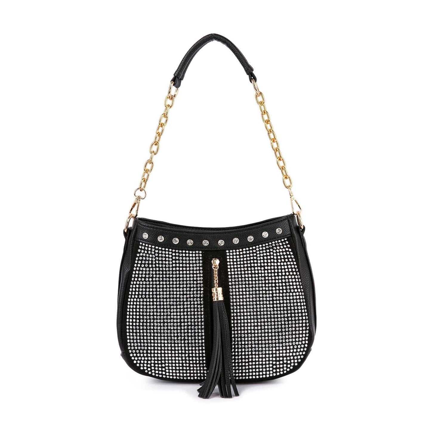 Decorative Rhinestone Tassel Accented Hobo Handbag