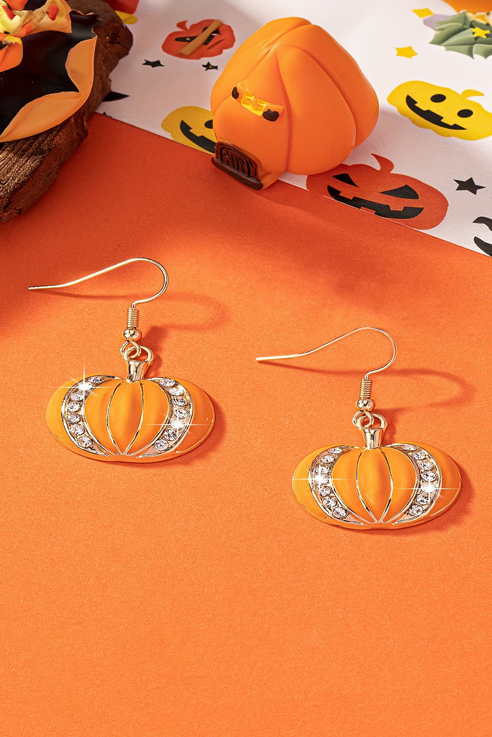 Orange Halloween Rhinestone Pumpkin Hook Earrings