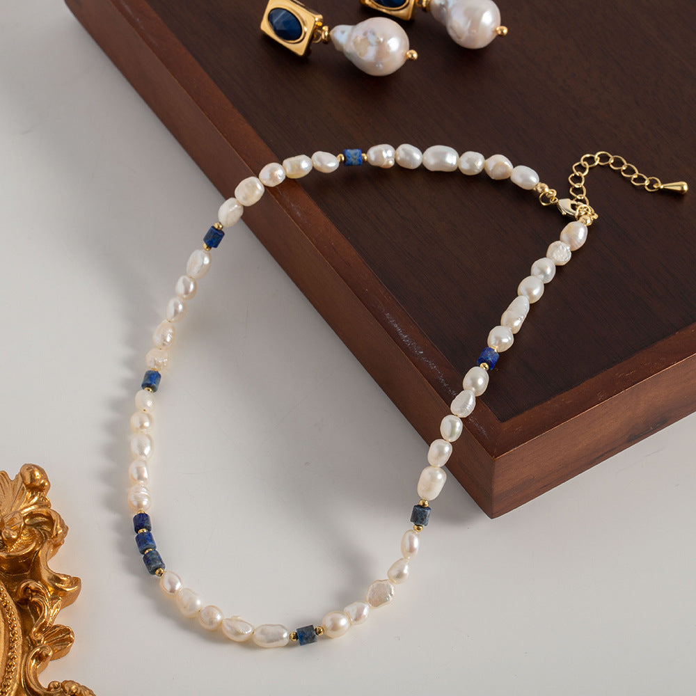 Classic Noble Karaine Blue Lapis Lazuli with Natural Freshwater Pearl Beaded Design Versatile Necklace