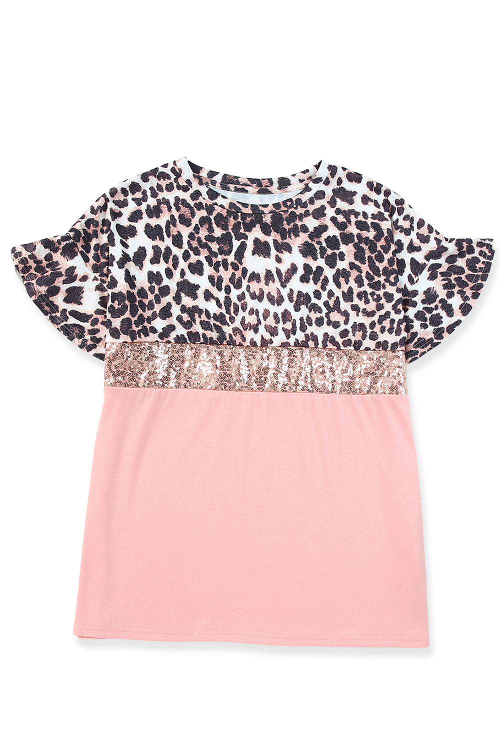 Pink Leopard Sequin Colorblock Patchwork Short Sleeve Top