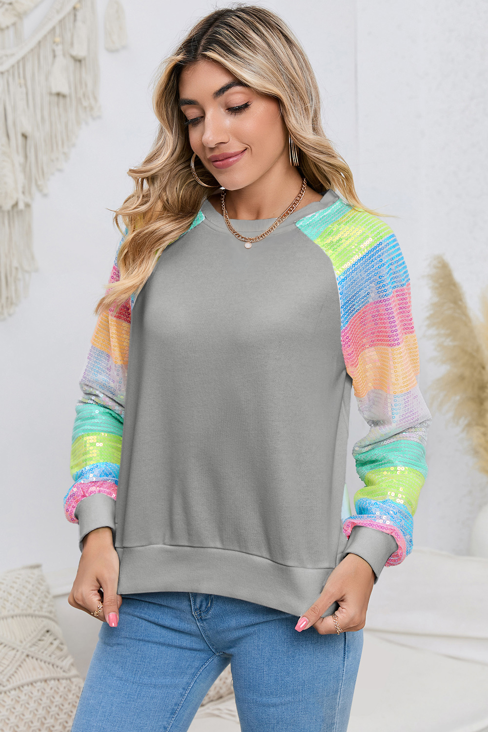 Gray Sequin Color Block Long Sleeve Pullover Sweatshirt