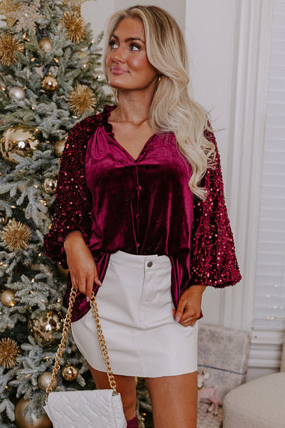 Red Dahlia Velvet Sequin Patchwork Sleeve Button Up Blouse