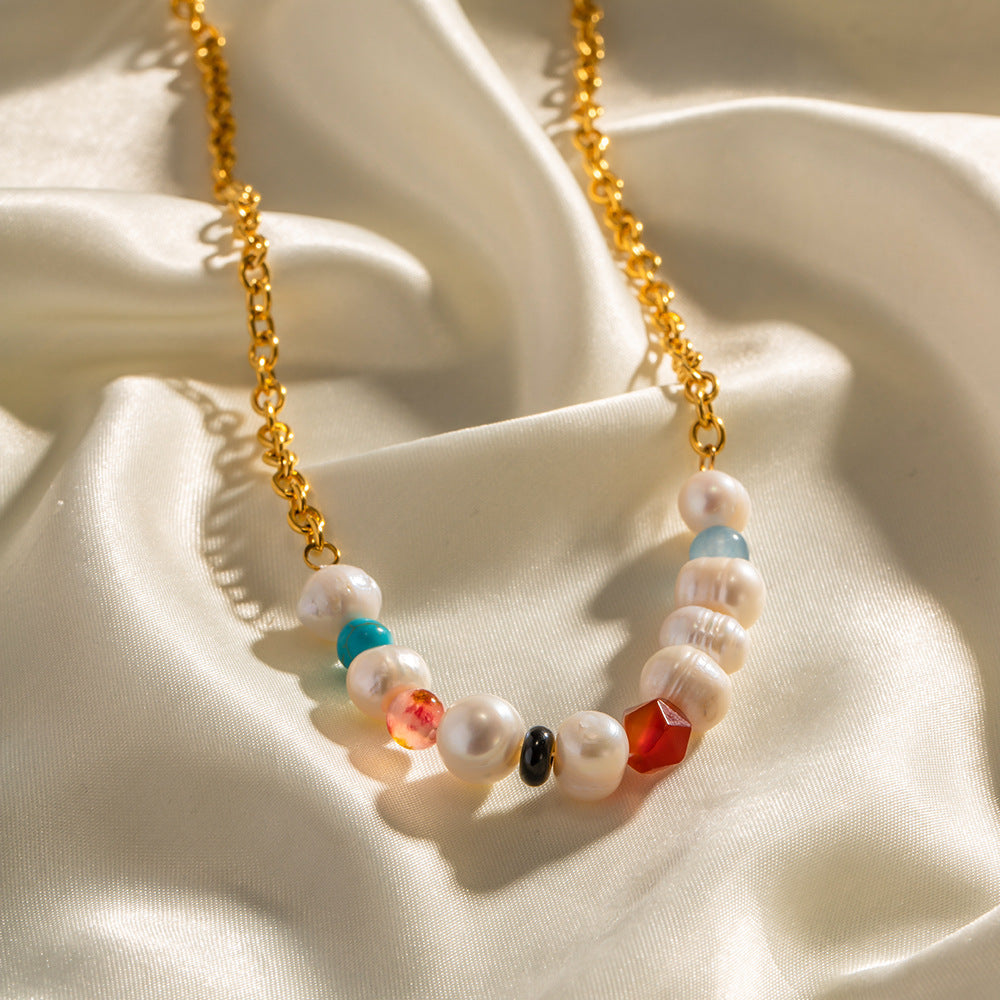 Retro fashion colorful natural stone with pearl beading design versatile necklace