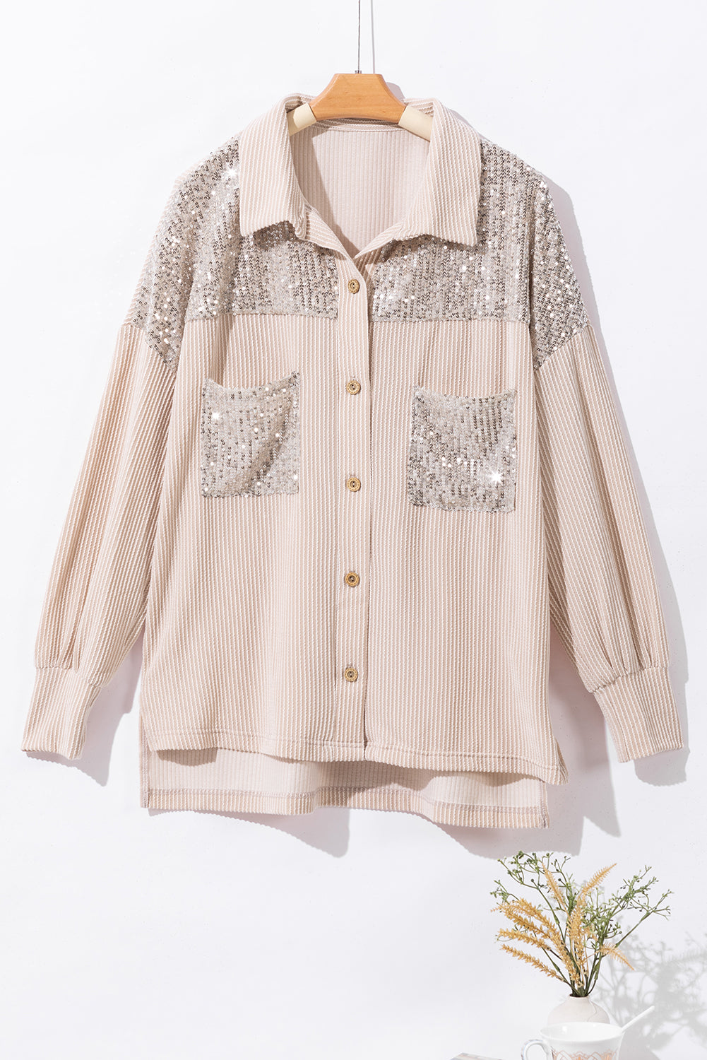 Parchment Sequin Patch Chest Pocket Corded Shirt