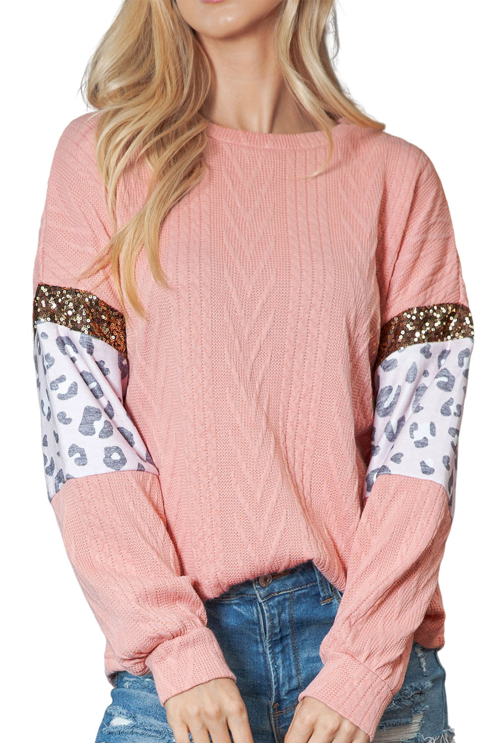 Pink Leopard Sequin Splicing Sleeves Textured Knit Top