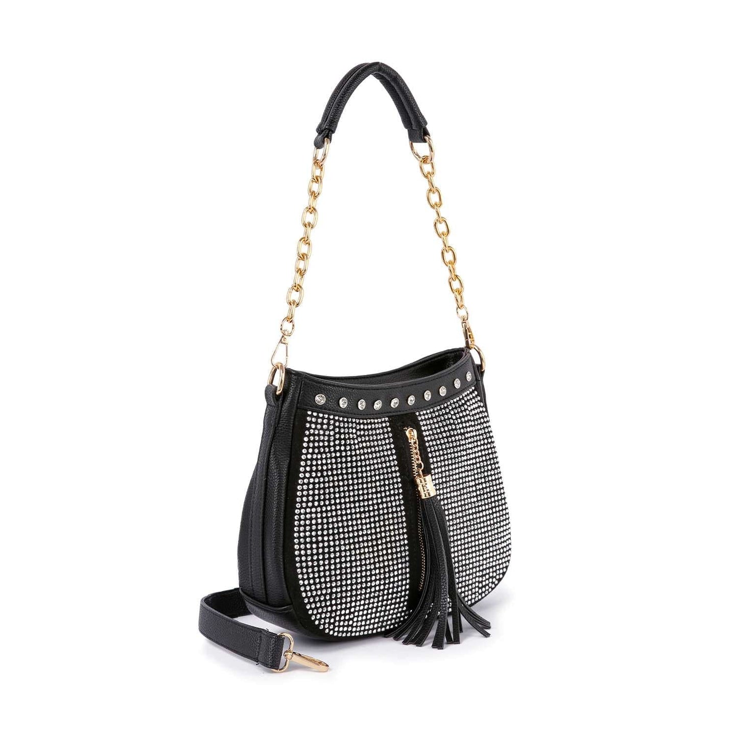 Decorative Rhinestone Tassel Accented Hobo Handbag