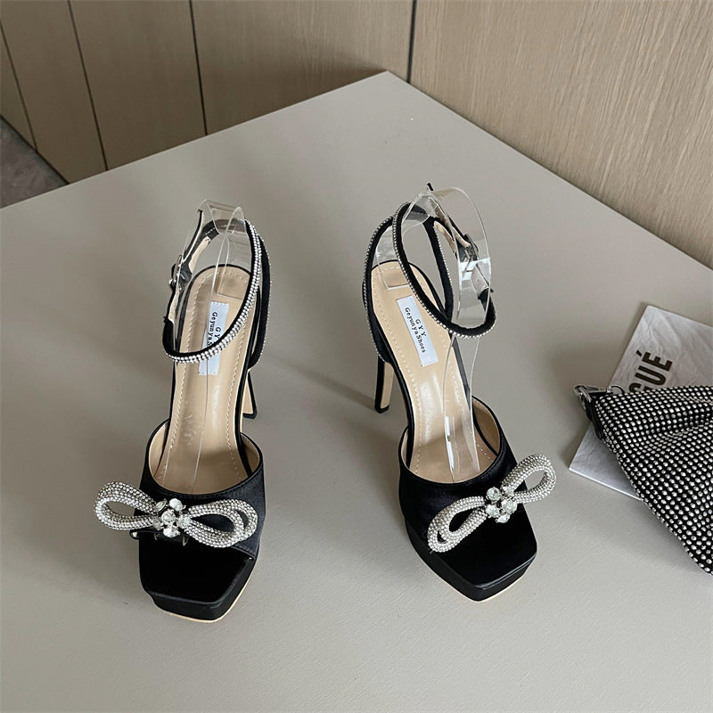 Rhinestone Bow Toe Waterproof Platform Sandals