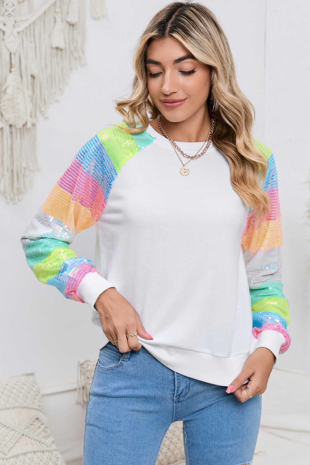 Gray Sequin Color Block Long Sleeve Pullover Sweatshirt