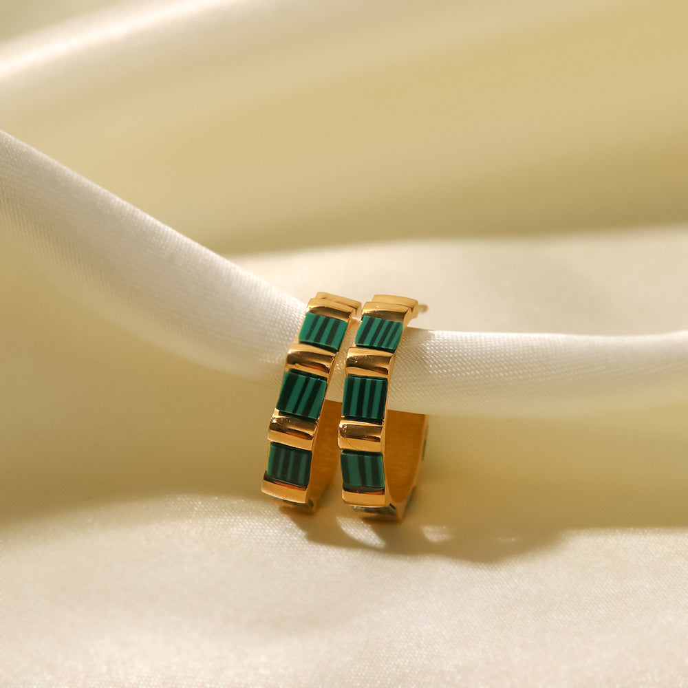 18k Gold Plated C Shape Bamboo Inlaid White Shell/Green Malachite Hoop Earrings