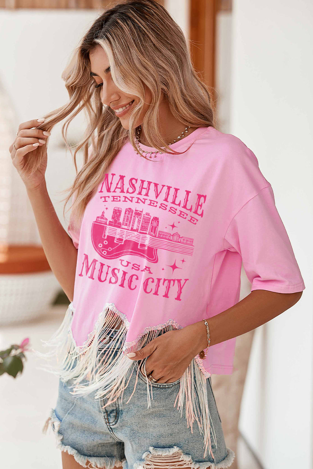 Pink NASHVILLE MUSIC CITY Graphic Sequin Fringed Hem Tee