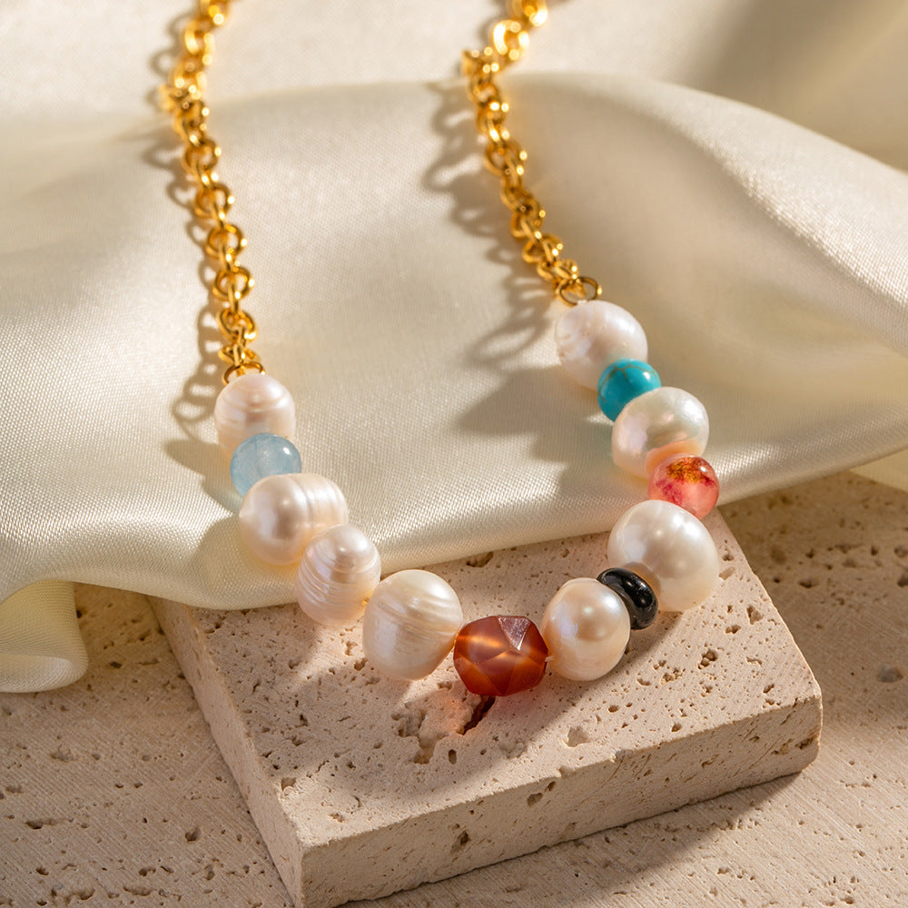 Retro fashion colorful natural stone with pearl beading design versatile necklace