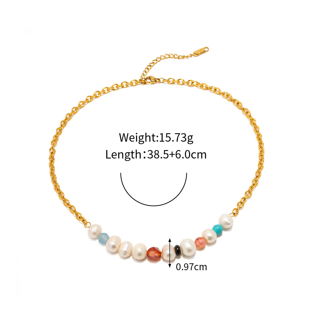 Retro fashion colorful natural stone with pearl beading design versatile necklace