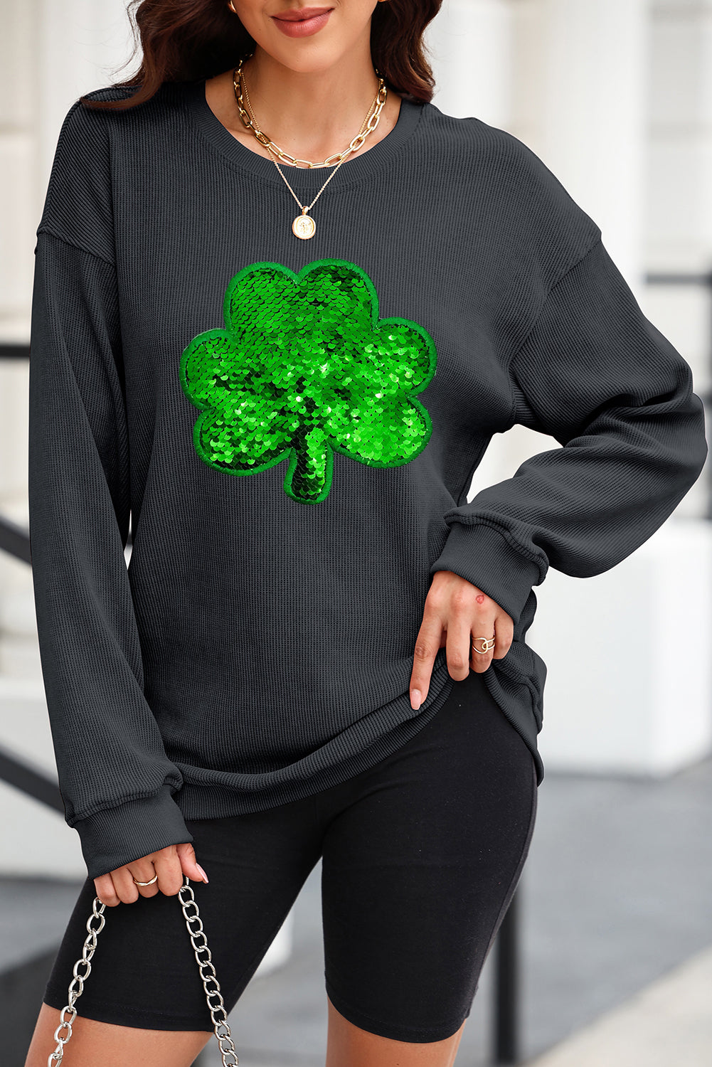 Black Sequin Embroidered Clover Corded Graphic Sweatshirt