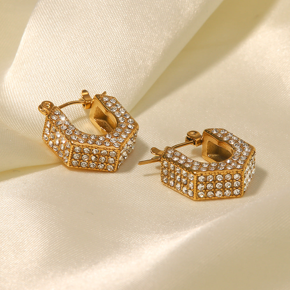 18K Gold Fashion Light Luxury Geometric Inlaid White Diamond Hollow Design Versatile Earrings