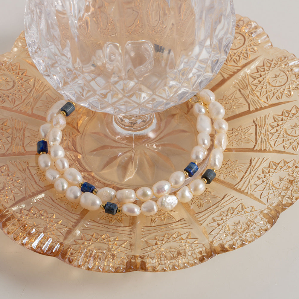 Classic Noble Karaine Blue Lapis Lazuli with Natural Freshwater Pearl Beaded Design Versatile Necklace