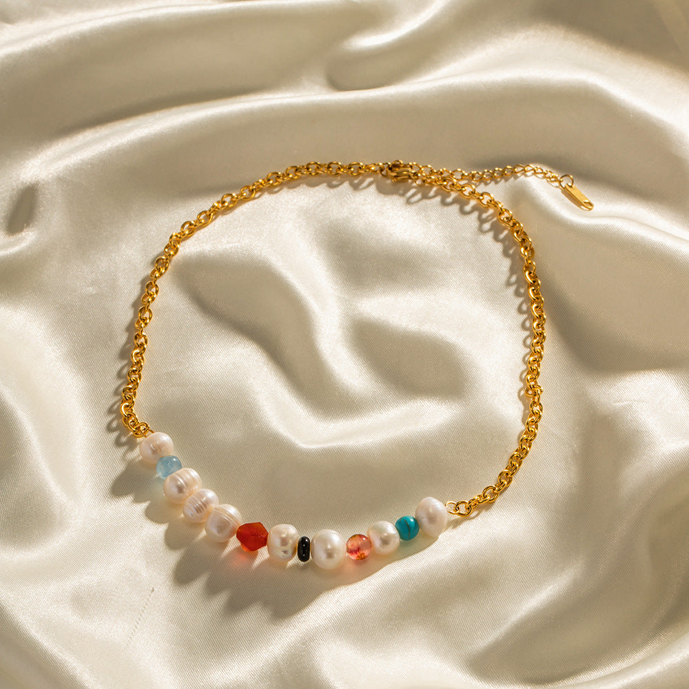 Retro fashion colorful natural stone with pearl beading design versatile necklace