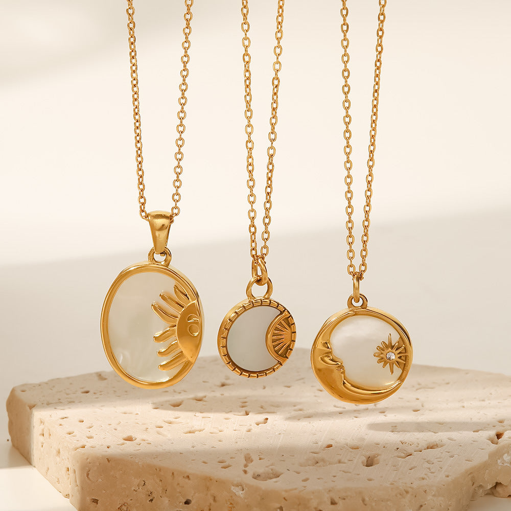 8K Gold Plated Oval Sun Moon Shell Pendant Necklace