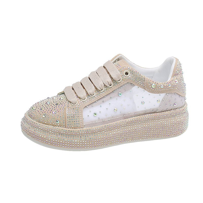 Thick-soled Mesh, Rhinestone White Shoes