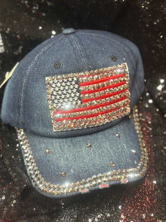 Denim blinged out flag hats