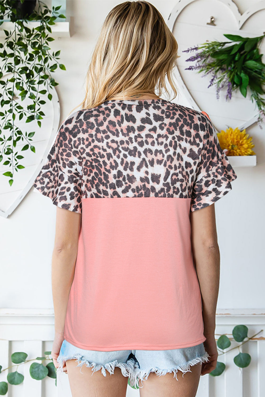 Pink Leopard Sequin Colorblock Patchwork Short Sleeve Top