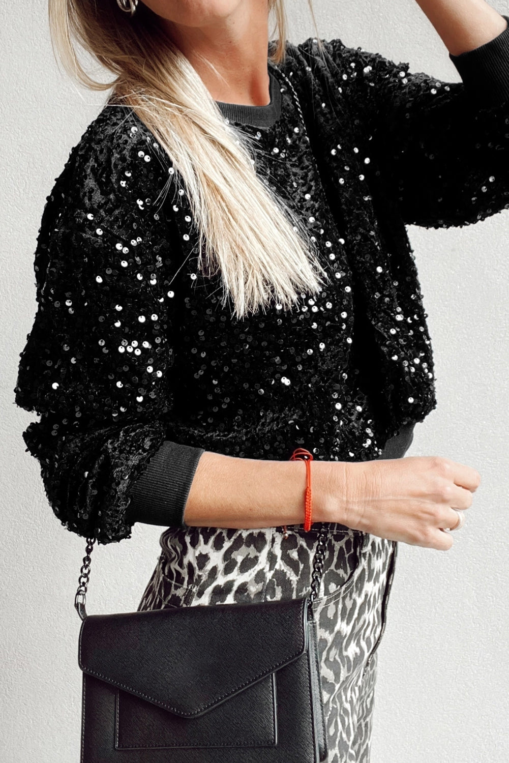 Black Sequined Crew Neck Cropped Sweatshirt