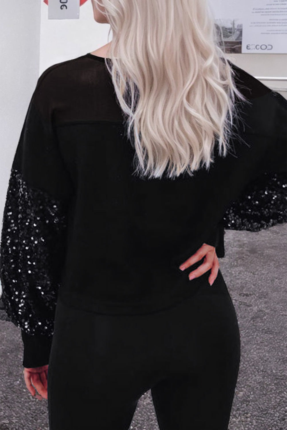 Black Sequin Lantern Sleeve Blouse