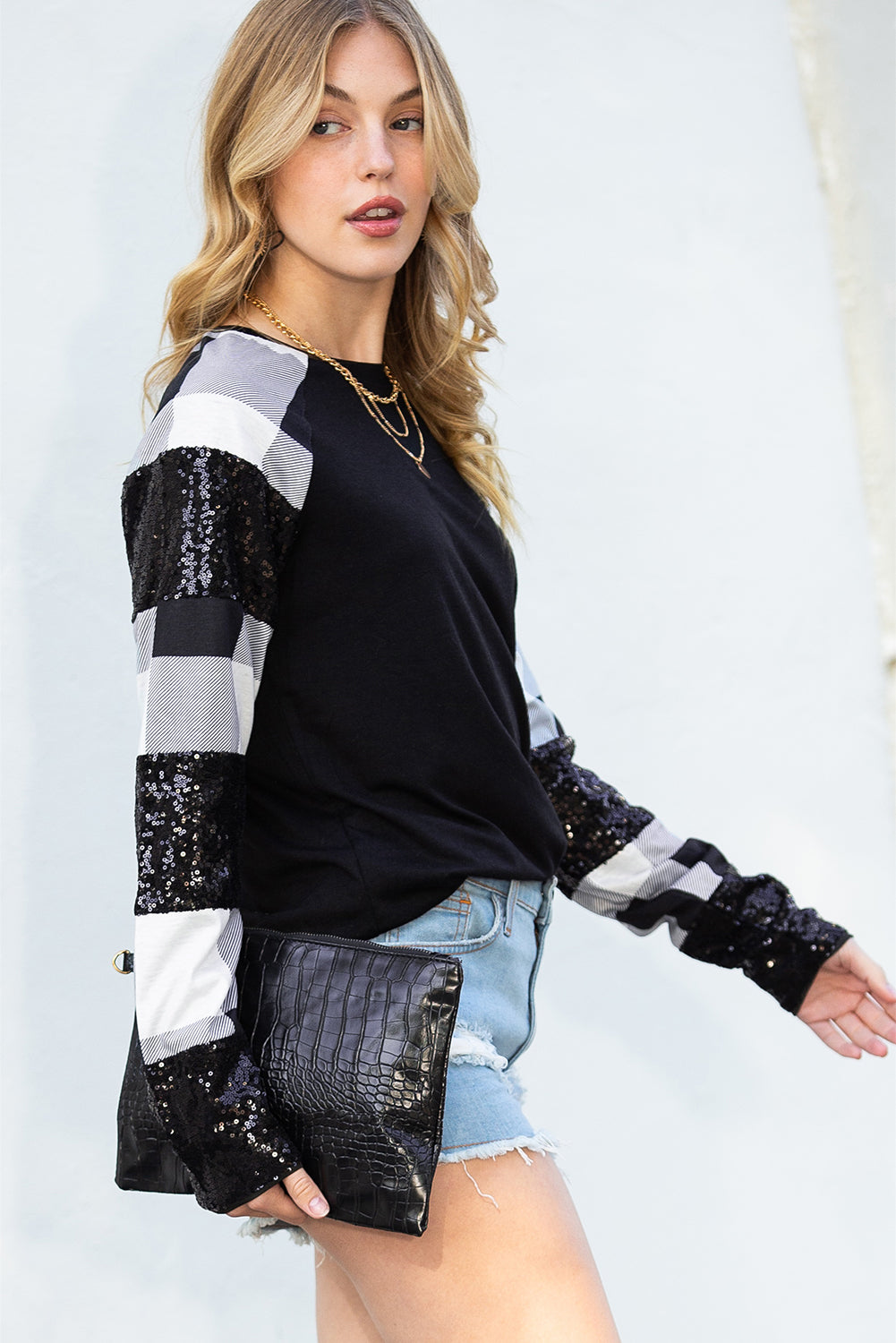 Black Sequin Plaid Patchwork Raglan Sleeve Top