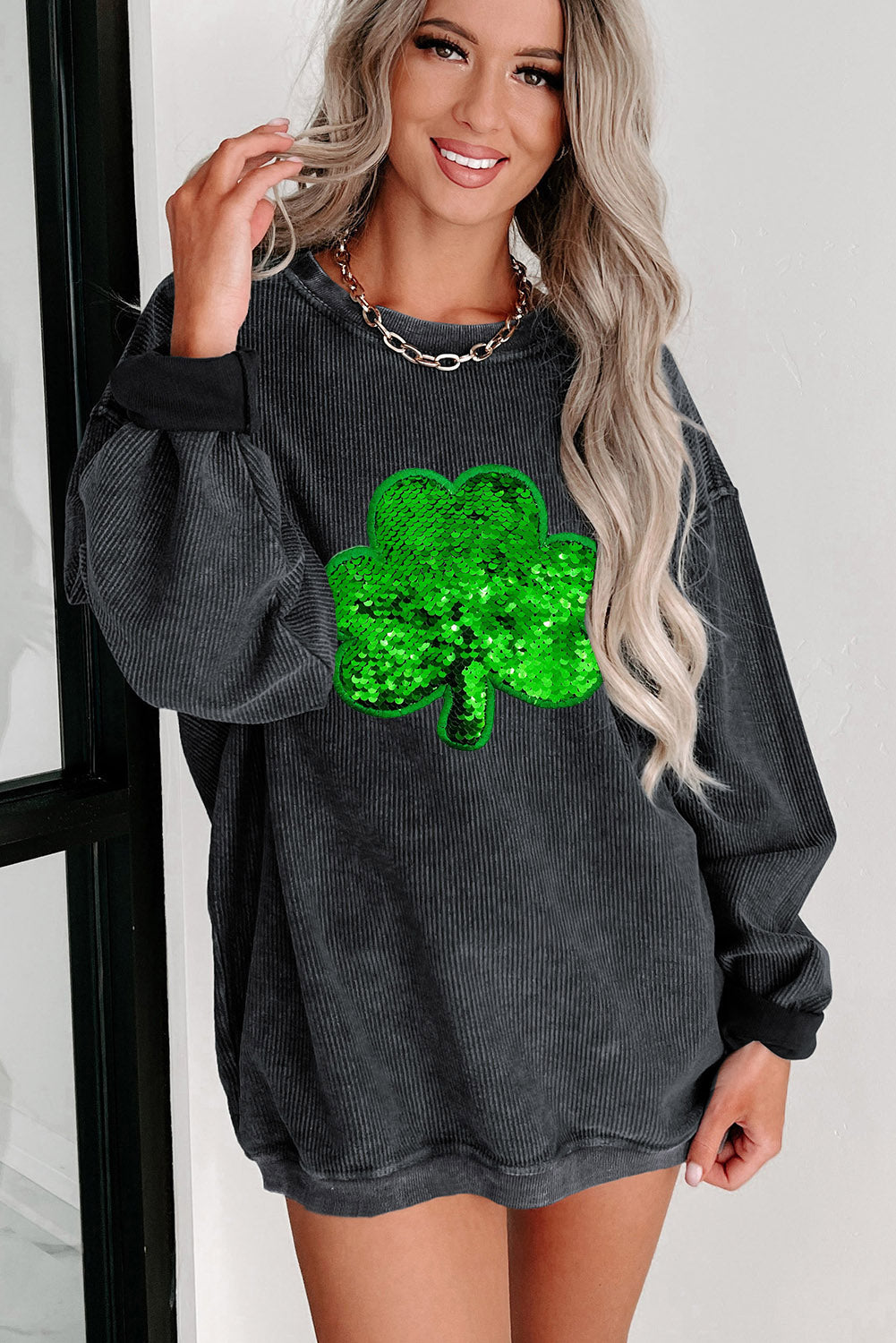 Black Sequin Embroidered Clover Corded Graphic Sweatshirt