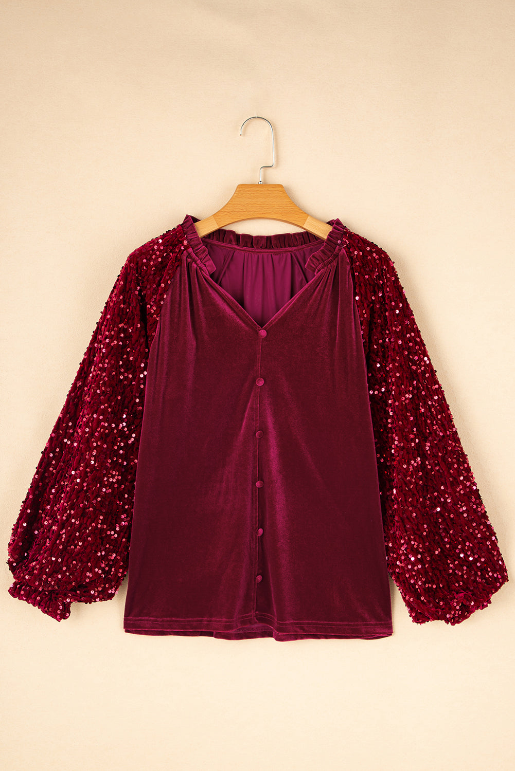 Red Dahlia Velvet Sequin Patchwork Sleeve Button Up Blouse