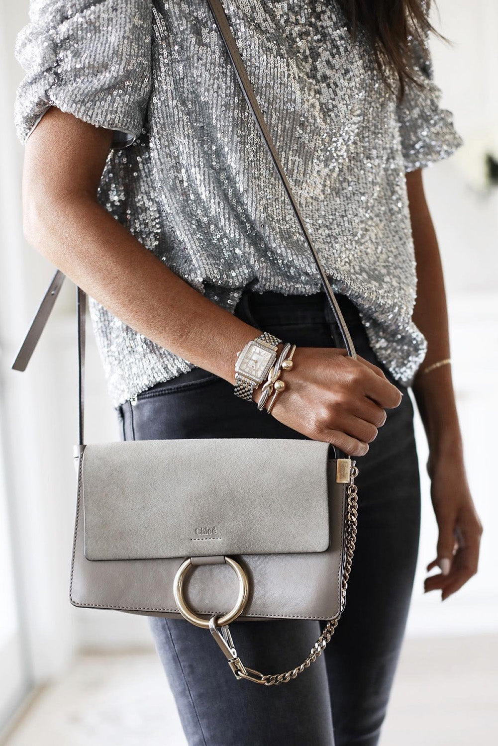 Silvery Ruched Puff Sleeve Sequins Short Sleeve Blouse