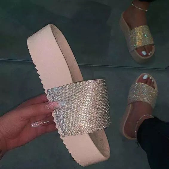 Thick bottom rhinestone home slippers