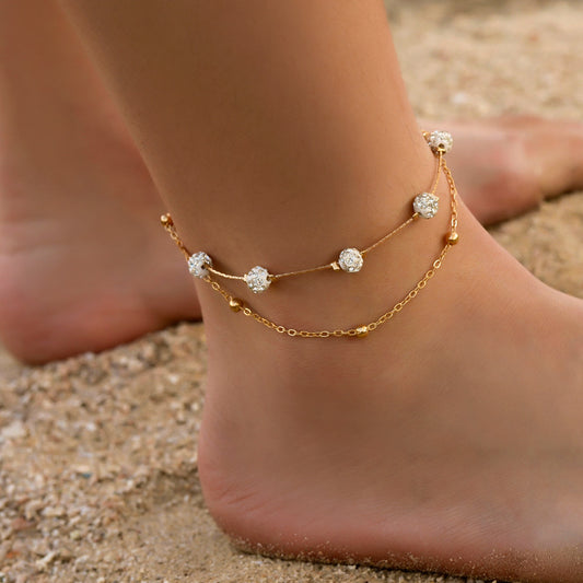 Exquisite and simple double layer with Shambhala diamond ball design versatile anklet