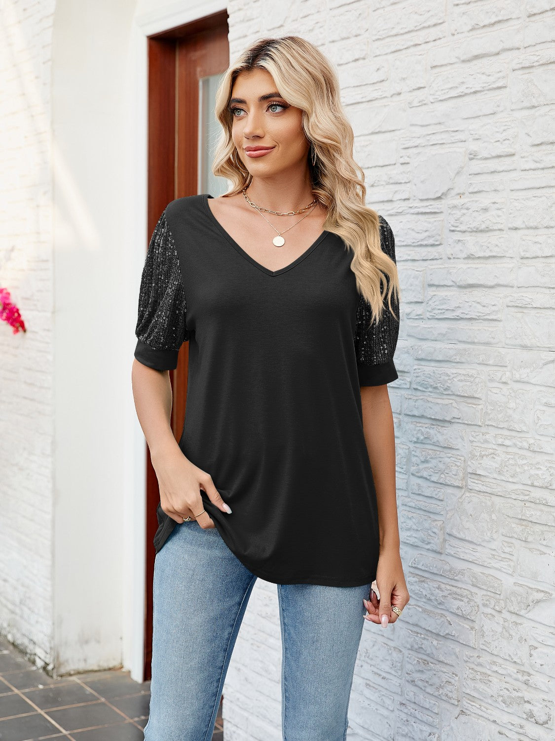 Sequin V-Neck Short Sleeve Blouse